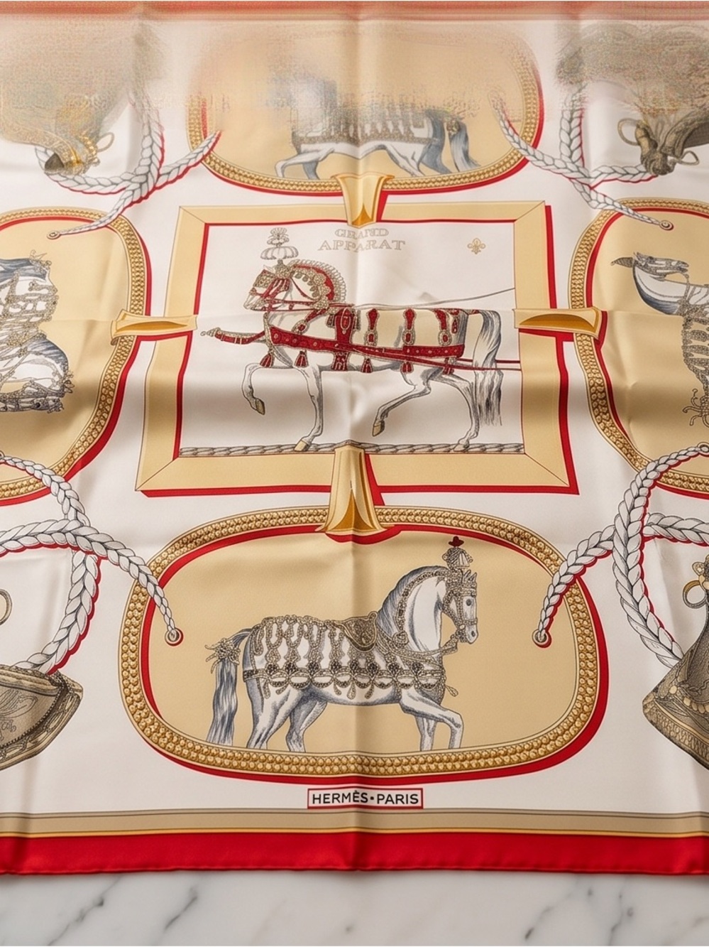 Hermes Silk Scarf in Cream, Red, Gold with Equestrian Motif